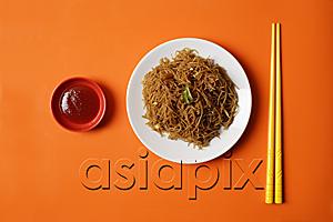 AsiaPix - Noodles on plate with chopsticks.
