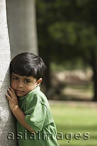 Asia Images Group - Little boy hugging tree trunk