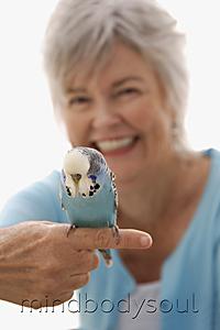 Mind Body Soul - Older woman with blue bird on her finger.