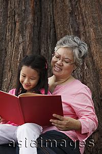 Asia Images Group - Older woman reading book with young girl.
