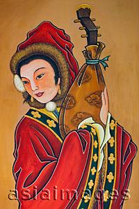 Asia Images Group - Summer Palace,Buddhist Fragrance Pavilion,Painted Artwork of Woman with Musical Instrument. Beijing, China