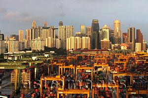 Asia Images Group - Singapore skyline with the Shipping Port in foreground