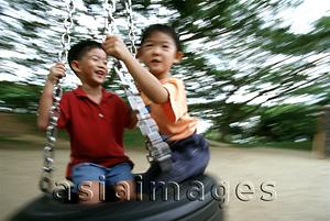 Asia Images Group - Two boys playing on a swing, (motion blur)