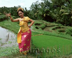 Asia Images Group - Indonesia, Bali, Balinese dancer in padi fields, trees in background