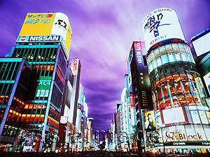 Asia Images Group - Japan, Tokyo, Ginza, Neon lights and buildings of Ginza at dusk
