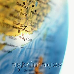 Asia Images Group - Globe, focus on Hong Kong, close up