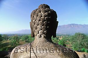 Asia Images Group - Indonesia, Java, Buddha figure at Borobudur temple, mountains in background