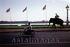 Asia Images Group - Cambodia, Phnom Penh, A man on a motorcycle and a man on an elephant travelling down a road.