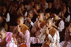 Asia Images Group - Myanmar (Burma), Yangon (Rangoon), A group of young Buddhist monks and other Buddhists meditating at a meditation center.