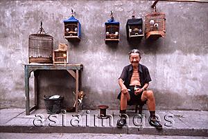 Asia Images Group - China, Shanghai, old man sitting with bird cages