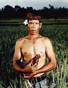 Asia Images Group - Indonesia, Bali, Ubud, Balinese rice farmer in rice field holding cock.