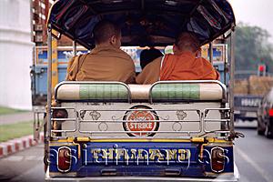 Asia Images Group - Thailand, monks in tuk-tuk, rearview