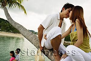 Asia Images Group - Couple sitting on tree, kissing, another couple standing in the background