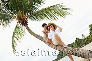 Asia Images Group - Couple sitting on coconut tree