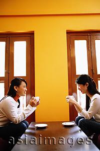 Asia Images Group - Young women sitting in living room opposite each other, holding cups of coffee