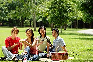 Asia Images Group - Young adults having picnic in park, looking at camera