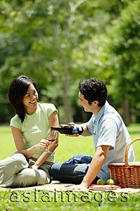 Asia Images Group - Couple having picnic in park, man pouring wine for woman
