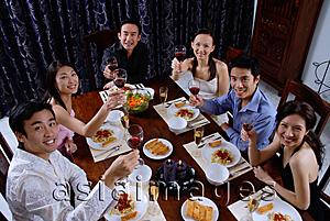 Asia Images Group - Adults at a dinner party, holding wine glasses, looking up at camera