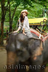 Asia Images Group - Young woman on elephant, smiling at camera, Phuket, Thailand