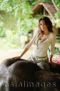 Asia Images Group - Young woman on elephant, looking at camera, portrait, Phuket, Thailand