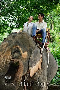 Asia Images Group - Couple riding elephant, low angle view, Phuket, Thailand