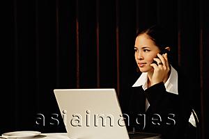Asia Images Group - Businesswoman sitting in restaurant using mobile phone and laptop