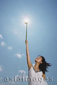Asia Images Group - Woman holding sunflower stalk up in air