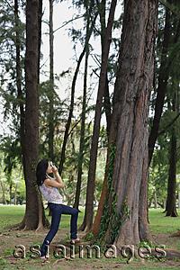 Asia Images Group - Young woman outdoors, taking a photograph of a tree