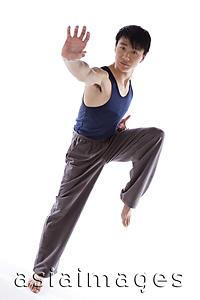 Asia Images Group - Young man practicing kong fu, balancing on one leg
