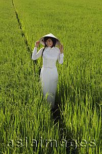 Asia Images Group - Young woman wearing traditional Vietnamese outfit standing in a rice paddy