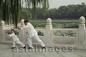 Asia Images Group - Older man and young boy doing Tai Chi in park, Beijing, China
