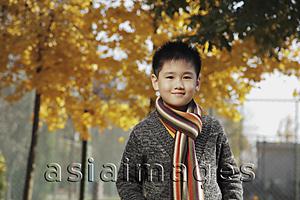Asia Images Group - Young boy wearing sweater and scarf outdoors