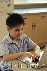 Asia Images Group - Young boy playing on a lap top computer in the kitchen