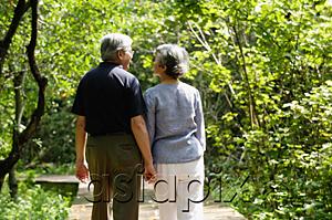 AsiaPix - Mature couple walking through park, holding hands, rear view