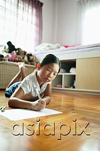 AsiaPix - Girl in bedroom, lying on floor, drawing on paper