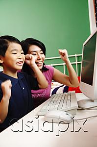 AsiaPix - Mother and son looking at computer, smiling, making fists