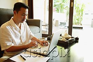 AsiaPix - Man using laptop, in living room
