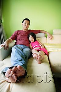 AsiaPix - Father and daughter lying on sofa, smiling