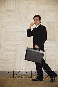 AsiaPix - Businessman with briefcase, using mobile phone, smiling at camera
