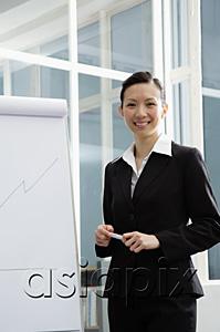 AsiaPix - Businesswoman standing next to flipchart, smiling