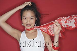 AsiaPix - Woman in white top and scarf, looking at camera, hand on head