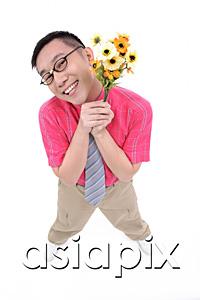 AsiaPix - Man in shirt and tie holding flower bouquet, smiling at camera