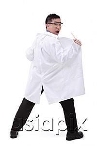 AsiaPix - Man in lab coat, looking over shoulder at camera