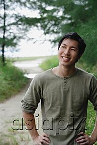 AsiaPix - Man outdoors, smiling, hands on hip
