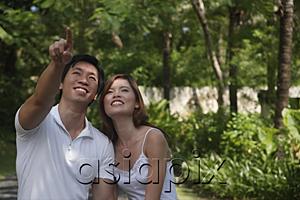 AsiaPix - Couple in garden, man pointing upwards