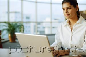 PictureIndia - Businesswoman using laptop, portrait
