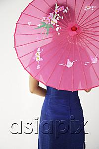 AsiaPix - young Chinese woman in blue cheongsam holding pink umbrella