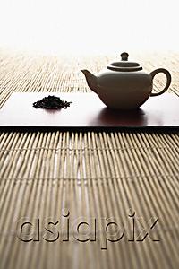 AsiaPix - tea leaves in a pile and tea pot on bamboo mat