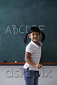 AsiaPix - Young girl smiling in front of chalk board