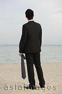 Asia Images Group - Businessman on beach, holding tie